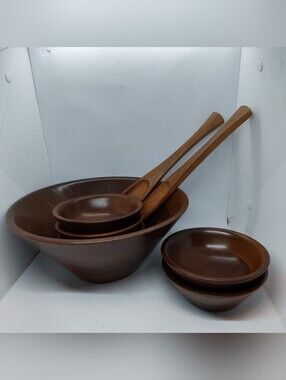 Vermillion Real Walnut Serving Salad Bowls Set Of 8 Pcs Dark Wooden Utensils USA
